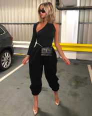 Sexy Backless One Sleeve Black 2 Piece Pants Set NIK-076