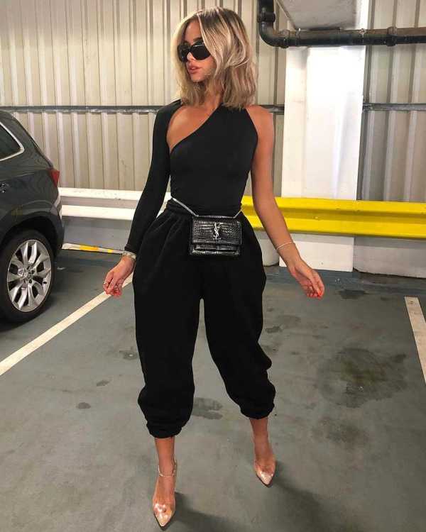 Sexy Backless One Sleeve Black 2 Piece Pants Set NIK-076