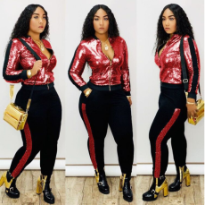 Plus Size Sequined Long Sleeve Two Piece Pants Set QY-5148