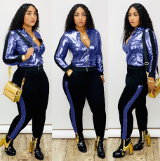 Plus Size Sequined Long Sleeve Two Piece Pants Set QY-5148
