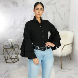 Trendy Ruffles Sleeve Turndown Collar Blouse Shirt SMR-9455