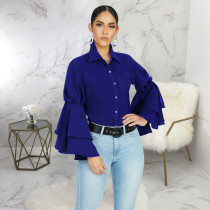 Trendy Ruffles Sleeve Turndown Collar Blouse Shirt SMR-9455