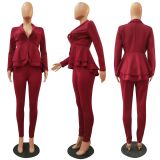 Solid Ruffles Hem Blazer Long Pants Two Piece Suits CM-610