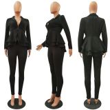 Solid Ruffles Hem Blazer Long Pants Two Piece Suits CM-610