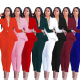 Solid Ruffles Hem Blazer Long Pants Two Piece Suits CM-610