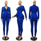 Solid Ruffles Hem Blazer Long Pants Two Piece Suits CM-610