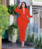 Solid Ruffles Hem Blazer Long Pants Two Piece Suits CM-610