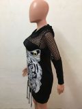 Trendy Printed Patchwork Hooded Mini Dresses LX-6058