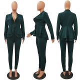 Solid Ruffles Hem Blazer Long Pants Two Piece Suits CM-610
