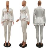 Solid Ruffles Hem Blazer Long Pants Two Piece Suits CM-610