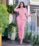 Solid Ruffles Hem Blazer Long Pants Two Piece Suits CM-610