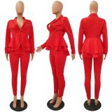Solid Ruffles Hem Blazer Long Pants Two Piece Suits CM-610