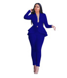 Solid Ruffles Hem Blazer Long Pants Two Piece Suits CM-610