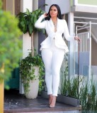 Solid Ruffles Hem Blazer Long Pants Two Piece Suits CM-610