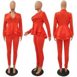 Solid Ruffles Hem Blazer Long Pants Two Piece Suits CM-610