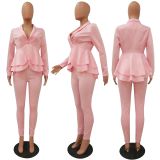 Solid Ruffles Hem Blazer Long Pants Two Piece Suits CM-610