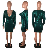 Sexy Sequin Low Cut Long Sleeves Mini Dress LX-8921