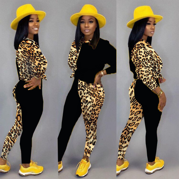 Leopard Print Patchwork Casual Two Piece Sets BN-9211