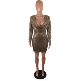 Sexy Sequin Low Cut Long Sleeves Mini Dress LX-8921