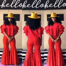 Solid Ruffles Sleeve Boot Cut Pants Two Piece Sets LSL-6326