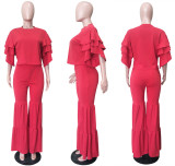 Solid Ruffles Sleeve Boot Cut Pants Two Piece Sets LSL-6326