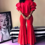Solid Ruffles Sleeve Boot Cut Pants Two Piece Sets LSL-6326