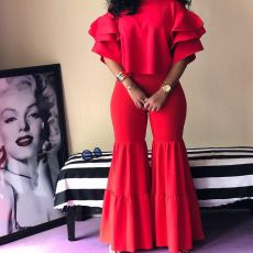 Solid Ruffles Sleeve Boot Cut Pants Two Piece Sets LSL-6326