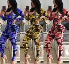 Flower Camo Print Long Sleeve Bodycon Jumpsuits MEI-9061