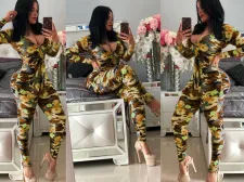 Flower Camo Print Long Sleeve Bodycon Jumpsuits MEI-9061