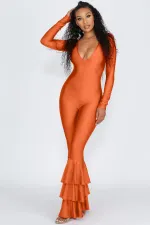 Solid V Neck Ruffles Leg One Piece Jumpsuits MEI-9062