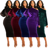 Sexy Velvet Slash Neck Long Sleeve Midi Dresses ASL-6091
