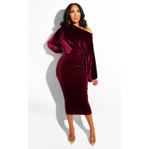Sexy Velvet Slash Neck Long Sleeve Midi Dresses ASL-6091