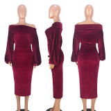 Sexy Velvet Slash Neck Long Sleeve Midi Dresses ASL-6091
