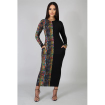 Snake Skin Print Patchwork Long Sleeve Maxi Dress ASL-6217