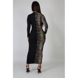 Snake Skin Print Patchwork Long Sleeve Maxi Dress ASL-6217