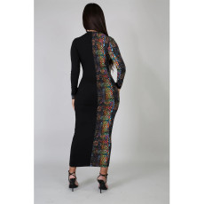 Snake Skin Print Patchwork Long Sleeve Maxi Dress ASL-6217