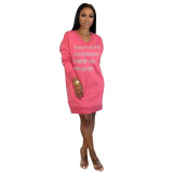 Letter Print V Neck Casual Sweatshirt Dresses MEM-8247