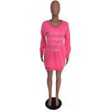 Letter Print V Neck Casual Sweatshirt Dresses MEM-8247