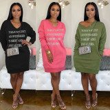 Letter Print V Neck Casual Sweatshirt Dresses MEM-8247