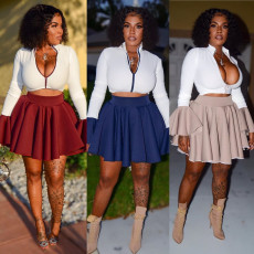 Plus Size Sexy Zipper Crop Tops Pleated Mini Skirt Sets LP-6183