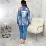 Trendy Ripped Holes Cold Shoulder Denim Coats SMR-9507