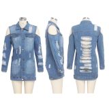 Trendy Ripped Holes Cold Shoulder Denim Coats SMR-9507