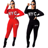 Letter Printed Long Sleeves Two Piece Pants Set QZX-6107