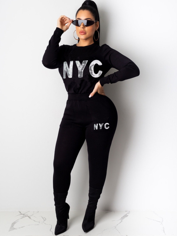 Letter Printed Long Sleeves Two Piece Pants Set QZX-6107