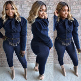 Trendy Puff Sleeve Bow Tie Denim Shirt Tops SMR-9512
