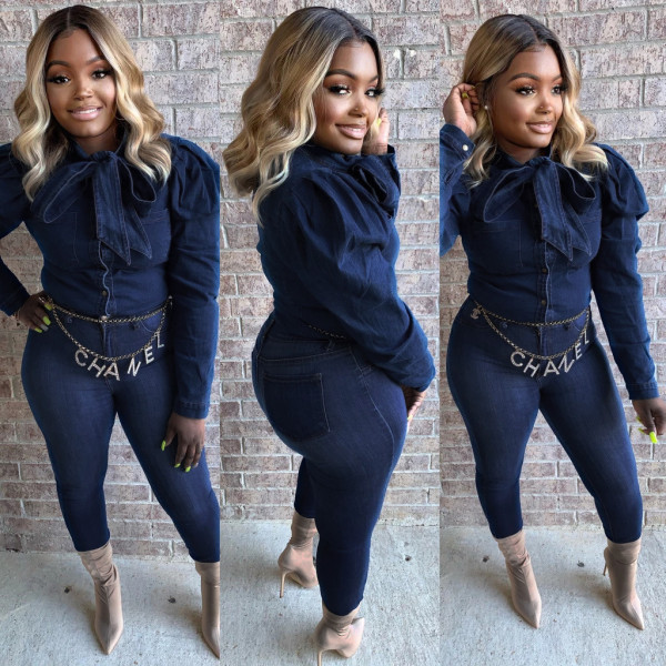 Trendy Puff Sleeve Bow Tie Denim Shirt Tops SMR-9512