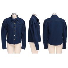 Trendy Puff Sleeve Bow Tie Denim Shirt Tops SMR-9512