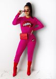 Lip Printed Long Sleeve Casual 2 Piece Pants Set NK-8511