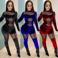 Sexy Velvet Mesh Patchwork Skinny Jumpsuits TK-6061