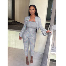Shiny Short Coats Top+Strapless Jumpsuits 2 Pieces NIK-083
